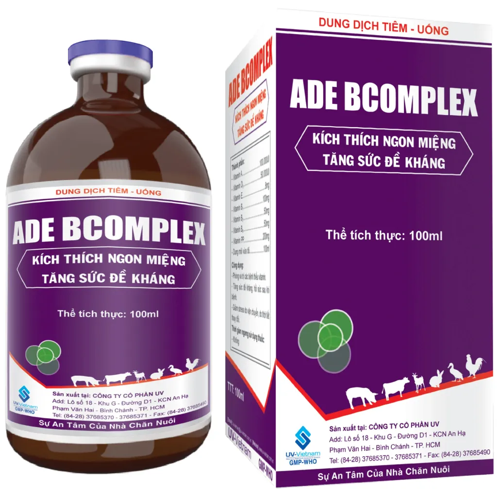 ADE Bcomplex UV Vietnam Chai và hộp ADE Bcomplex 100ml của UV Vietnam dùng cho heo