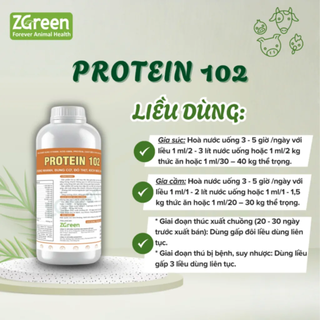Liều dùng Protein 102 Liều dùng Protein 102 của ZGreen cho gia súc