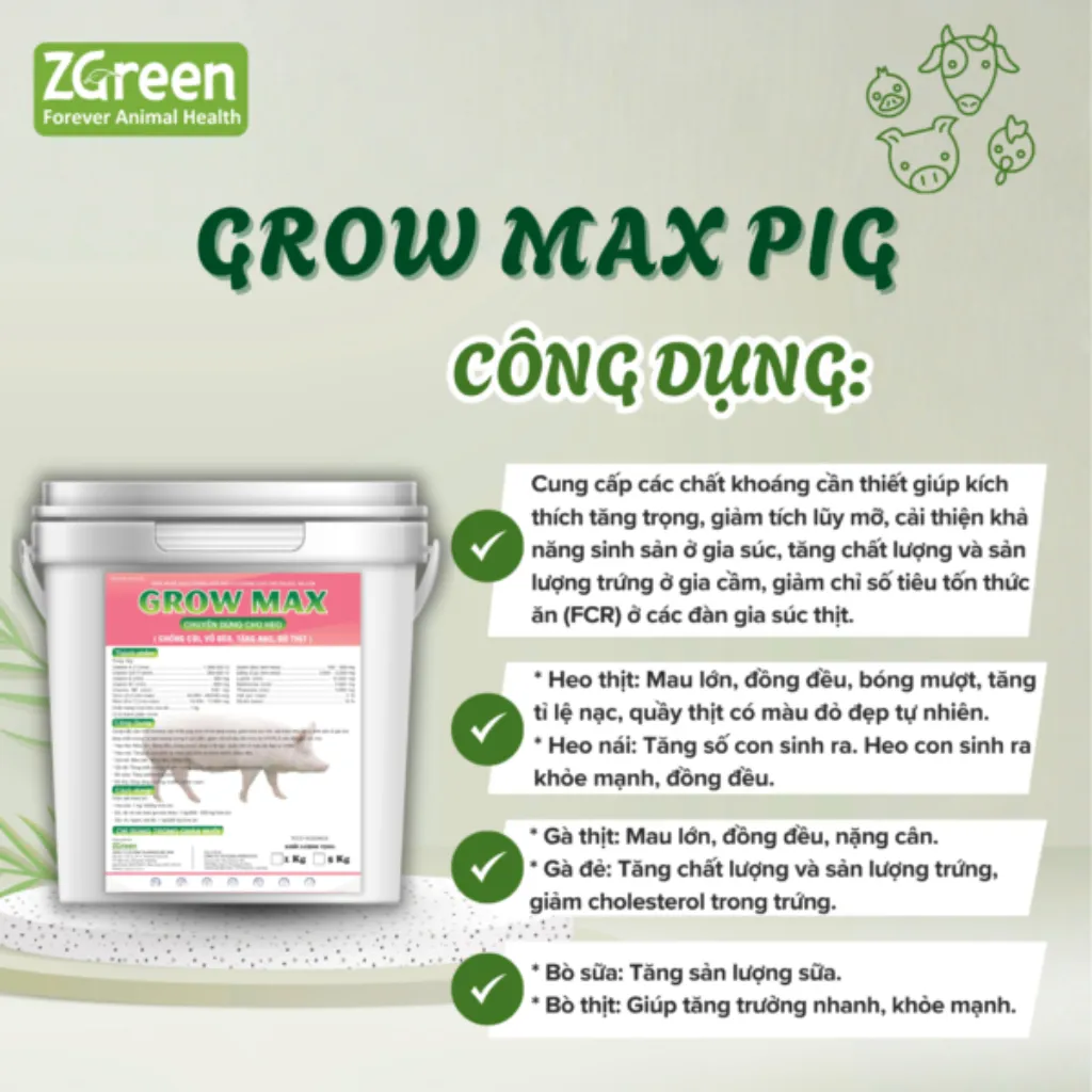 Công dụng Grow Max Pig Công dụng Grow Max Pig của ZGreen cho heo thịt và heo nái