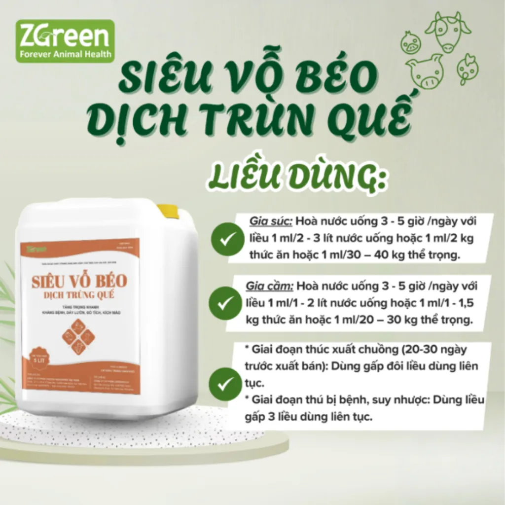 Liều dùng Siêu Vỗ Béo Dịch Trùn Quế Liều dùng Siêu Vỗ Béo Dịch Trùn Quế của ZGreen cho gia súc