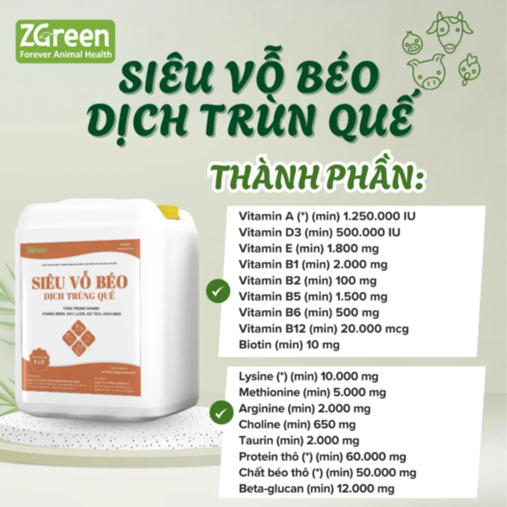 Thành phần Siêu Vỗ Béo Dịch Trùn Quế Bảng thành phần dinh dưỡng Siêu Vỗ Béo Dịch Trùn Quế của ZGreen